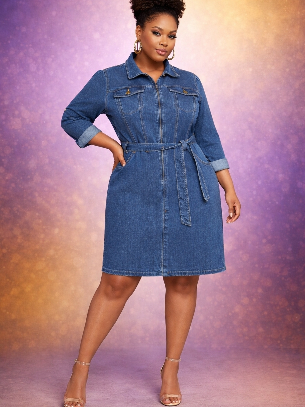 Candace Cameron Bure Washed Blue Denim Shirt Dress with Tie